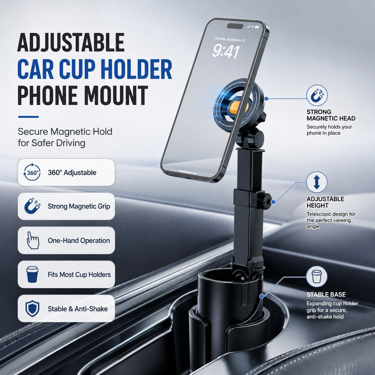 Car Cup Holder Phone Mount – 360° Adjustable, Strong N52 Magnet, One-Hand Operation