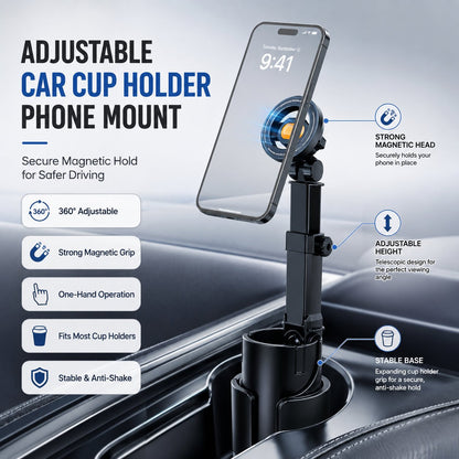 Car Cup Holder Phone Mount – 360° Adjustable, Strong N52 Magnet, One-Hand Operation