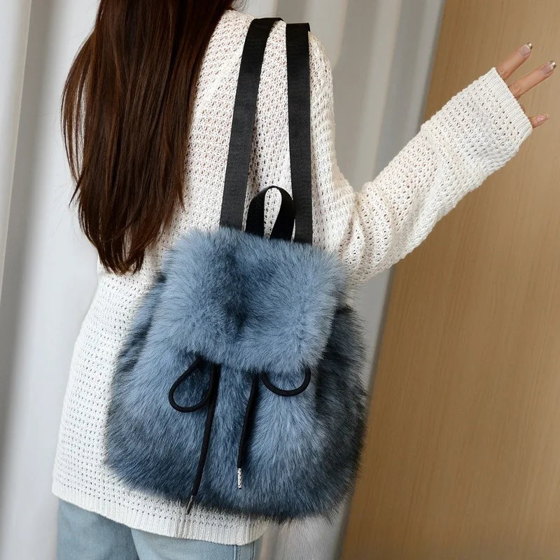 2026 Women’s Faux Fox Fur Backpack – Soft Plush Drawstring Flap Backpack with Magnetic Closure, Large Capacity Casual Daypack for College & Travel