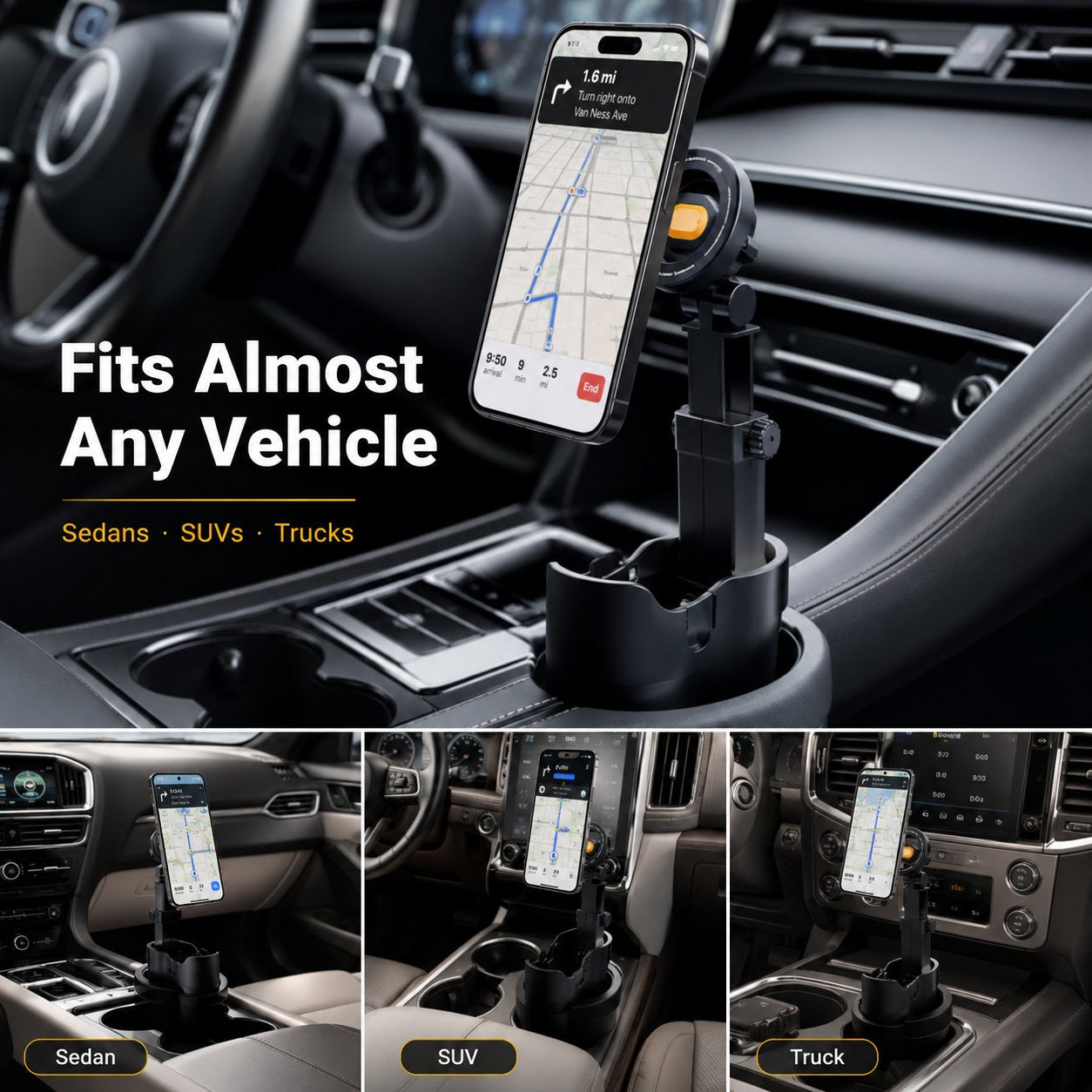 Car Cup Holder Phone Mount – 360° Adjustable, Strong N52 Magnet, One-Hand Operation
