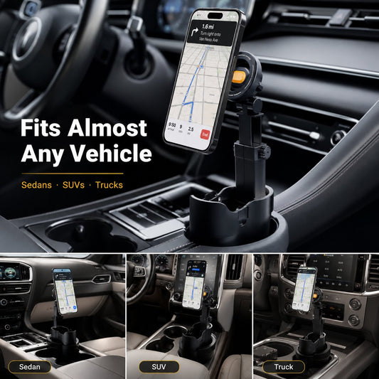 Car Cup Holder Phone Mount – 360° Adjustable, Strong N52 Magnet, One-Hand Operation