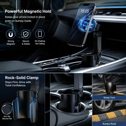 Car Cup Holder Phone Mount – 360° Adjustable, Strong N52 Magnet, One-Hand Operation