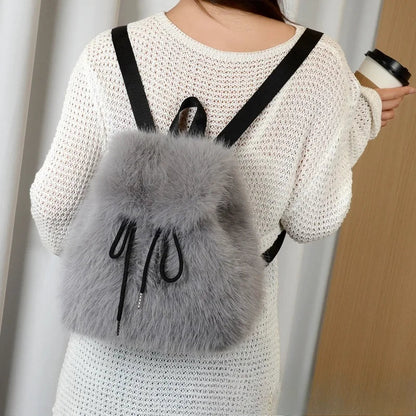 2026 Women’s Faux Fox Fur Backpack – Soft Plush Drawstring Flap Backpack with Magnetic Closure, Large Capacity Casual Daypack for College & Travel