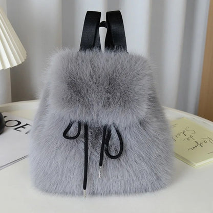2026 Women’s Faux Fox Fur Backpack – Soft Plush Drawstring Flap Backpack with Magnetic Closure, Large Capacity Casual Daypack for College & Travel