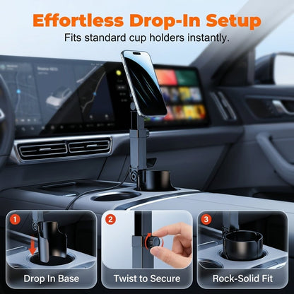 Car Cup Holder Phone Mount – 360° Adjustable, Strong N52 Magnet, One-Hand Operation