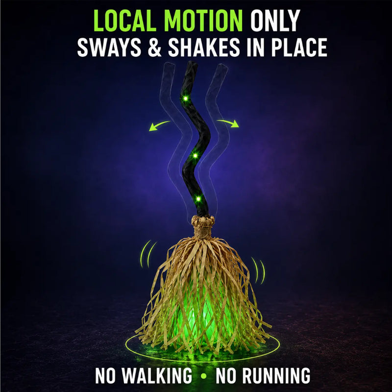 🧹 Animated Flying Witch Broom, Auto Moving Halloween Prop with Creepy Cackles, Green LED & Bendable Stem