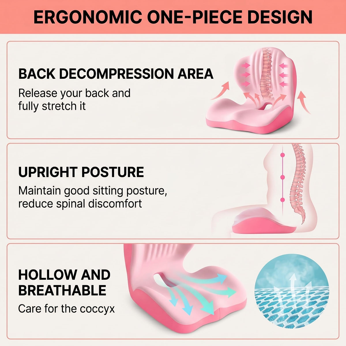 Ergonomic Lumbar & Seat Support Cushion Suitable for office chairs, car seats, and home use – relieves back and hip pain.