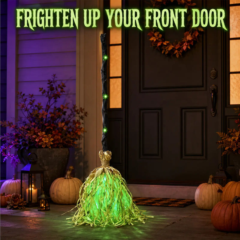 🧹 Animated Flying Witch Broom, Auto Moving Halloween Prop with Creepy Cackles, Green LED & Bendable Stem