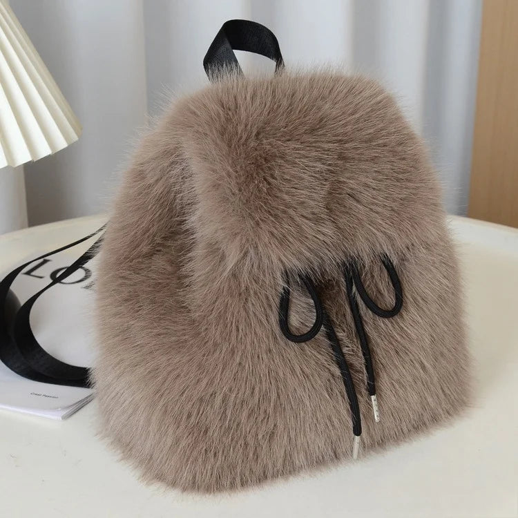 2026 Women’s Faux Fox Fur Backpack – Soft Plush Drawstring Flap Backpack with Magnetic Closure, Large Capacity Casual Daypack for College & Travel