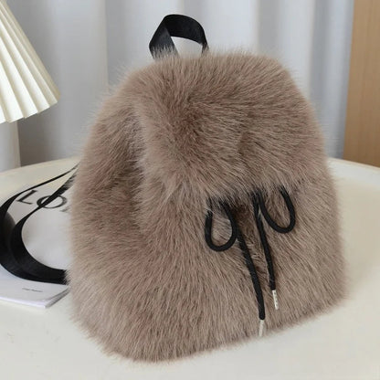 2026 Women’s Faux Fox Fur Backpack – Soft Plush Drawstring Flap Backpack with Magnetic Closure, Large Capacity Casual Daypack for College & Travel