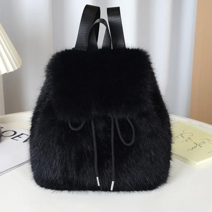 2026 Women’s Faux Fox Fur Backpack – Soft Plush Drawstring Flap Backpack with Magnetic Closure, Large Capacity Casual Daypack for College & Travel