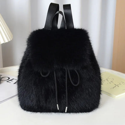 2026 Women’s Faux Fox Fur Backpack – Soft Plush Drawstring Flap Backpack with Magnetic Closure, Large Capacity Casual Daypack for College & Travel