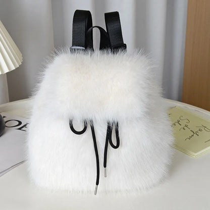 2026 Women’s Faux Fox Fur Backpack – Soft Plush Drawstring Flap Backpack with Magnetic Closure, Large Capacity Casual Daypack for College & Travel