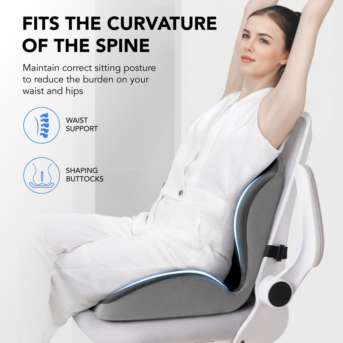 Ergonomic Lumbar & Seat Support Cushion Suitable for office chairs, car seats, and home use – relieves back and hip pain.