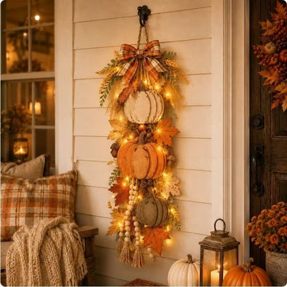 🏡🎃Lighted Stacked Pumpkin Fall Door Decor with 3 Seasonal Plaques