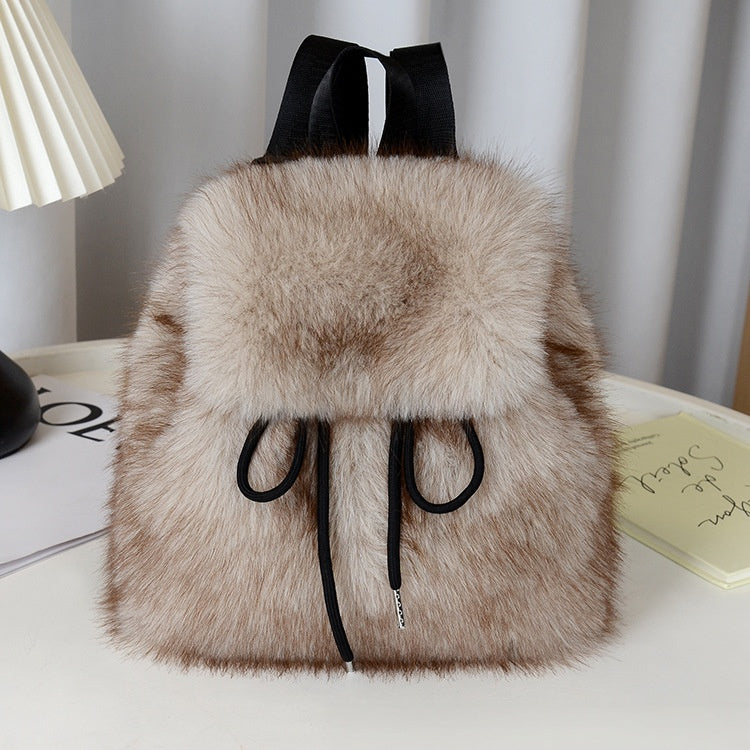 2026 Women’s Faux Fox Fur Backpack – Soft Plush Drawstring Flap Backpack with Magnetic Closure, Large Capacity Casual Daypack for College & Travel