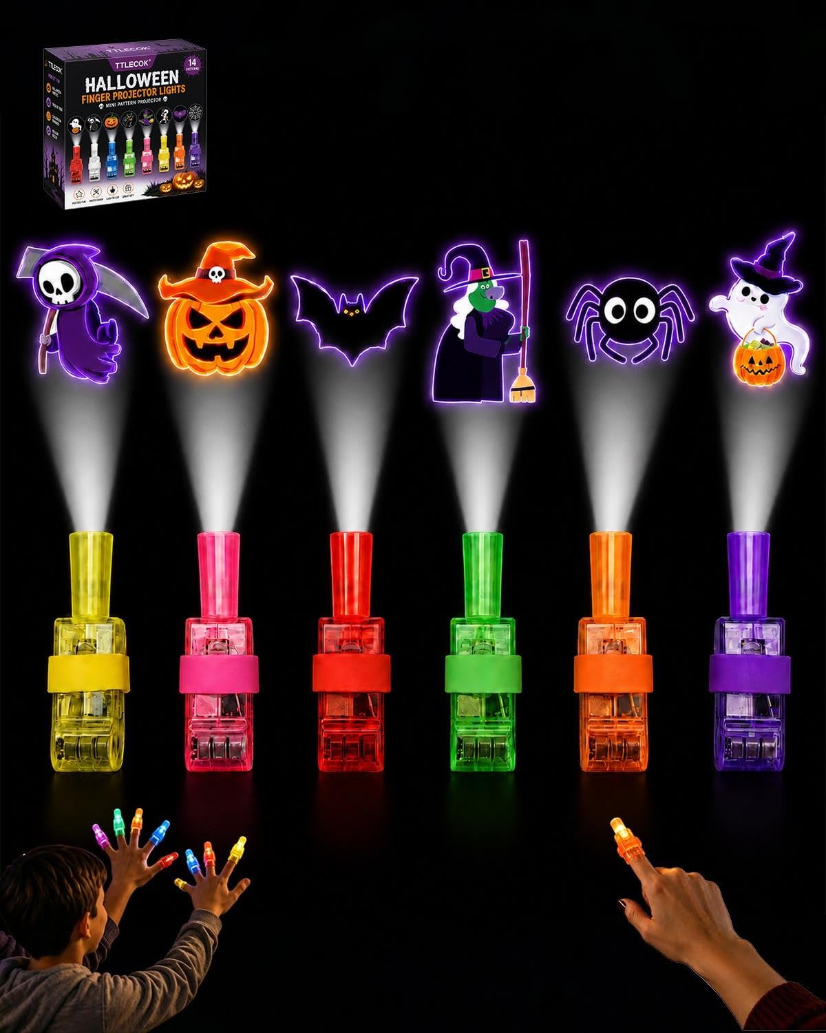 Halloween Finger Projector Lights 36 Pack – LED Mini Pattern Projector Rings, Spooky Party Favors for Kids, Trick or Treat Goodie Bag Fillers & Classroom Rewards