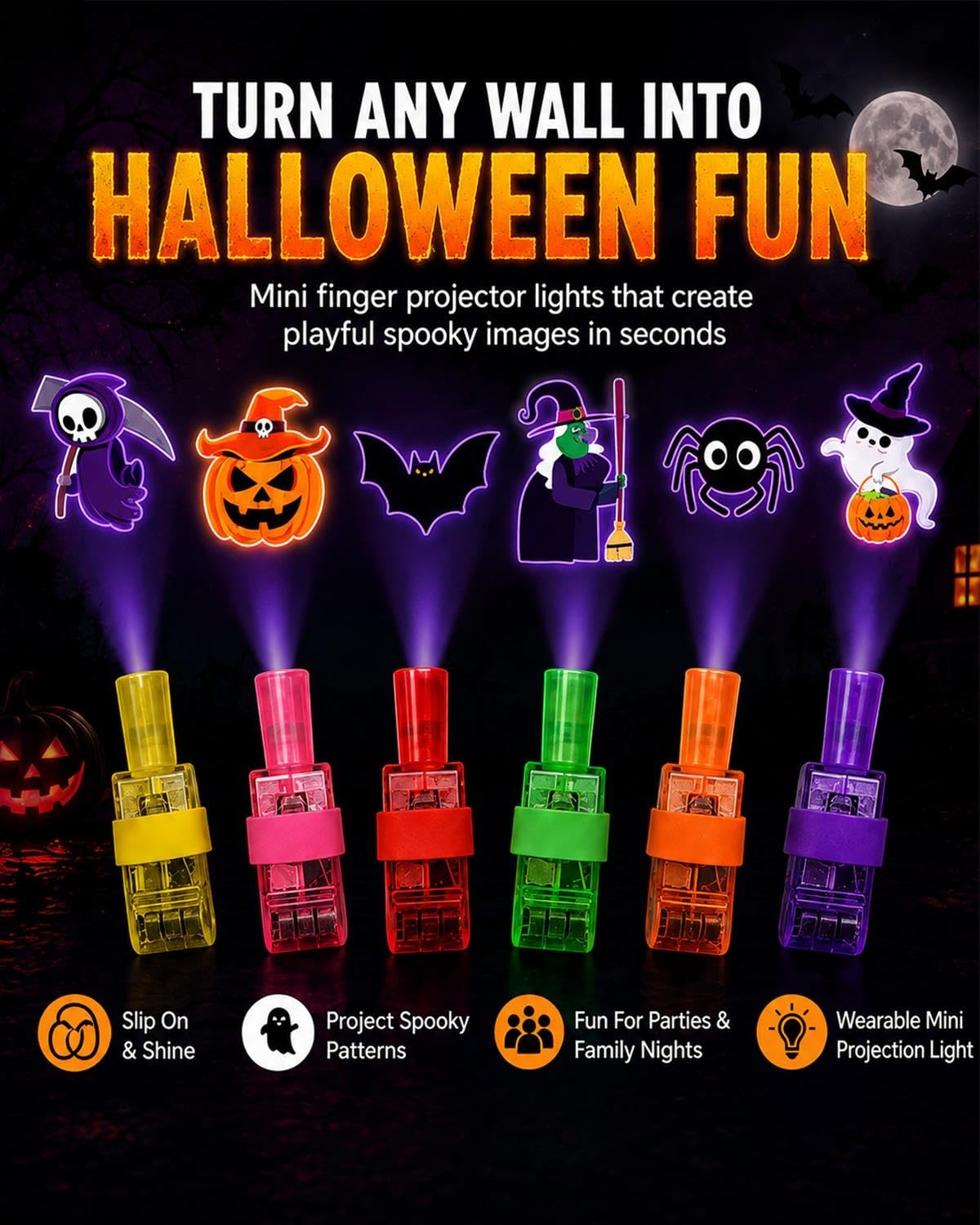 Halloween Finger Projector Lights 36 Pack – LED Mini Pattern Projector Rings, Spooky Party Favors for Kids, Trick or Treat Goodie Bag Fillers & Classroom Rewards