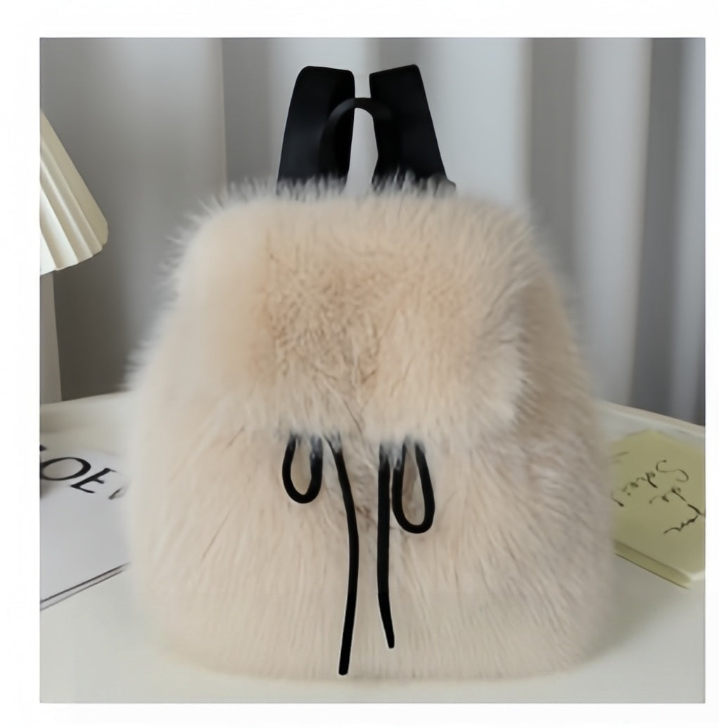 2026 Women’s Faux Fox Fur Backpack – Soft Plush Drawstring Flap Backpack with Magnetic Closure, Large Capacity Casual Daypack for College & Travel