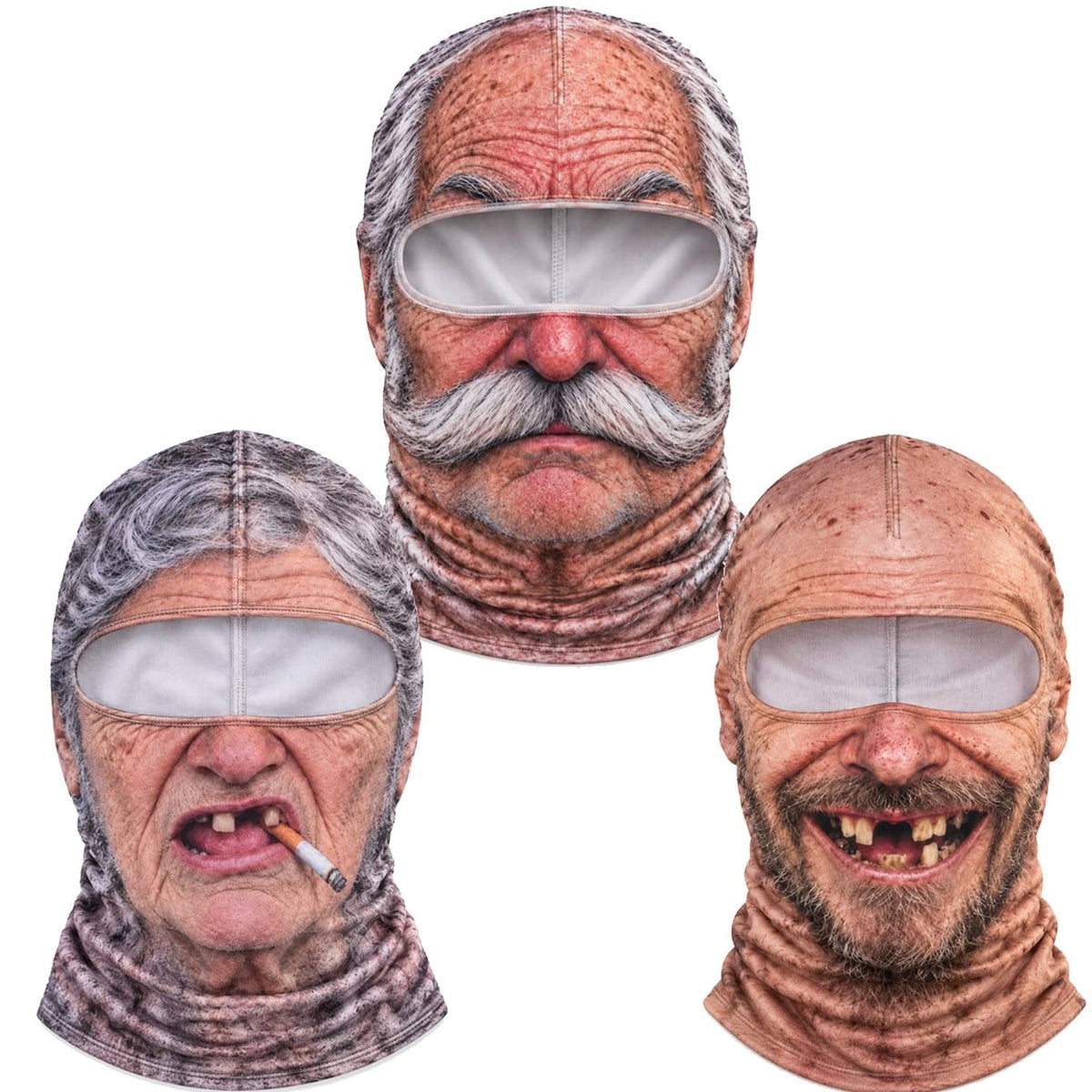 3D Realistic Old Man Face Ski Mask with Neck Warmer – Funny Full Coverage Balaclava for Skiing, Snowboarding and Cold Weather