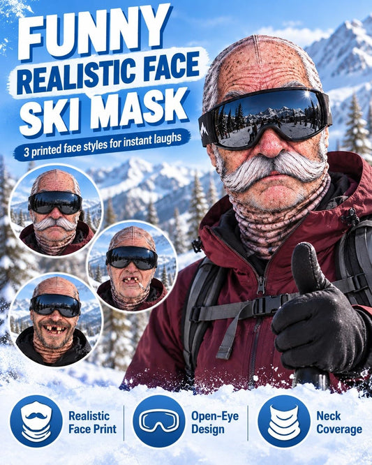 3D Realistic Old Man Face Ski Mask with Neck Warmer – Funny Full Coverage Balaclava for Skiing, Snowboarding and Cold Weather