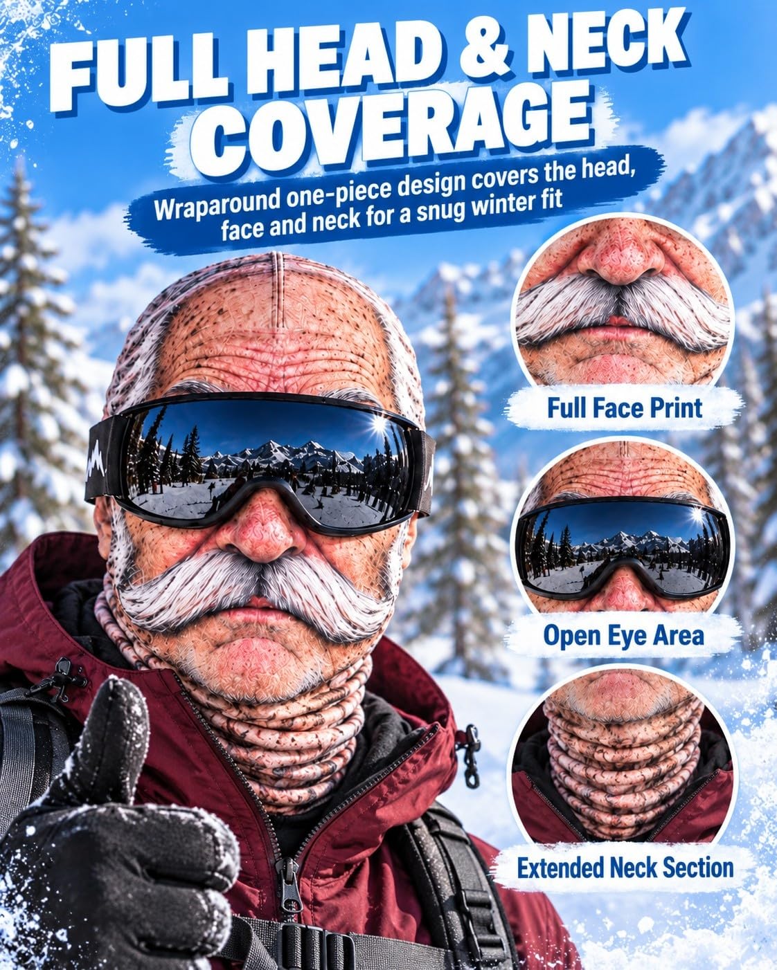 3D Realistic Old Man Face Ski Mask with Neck Warmer – Funny Full Coverage Balaclava for Skiing, Snowboarding and Cold Weather