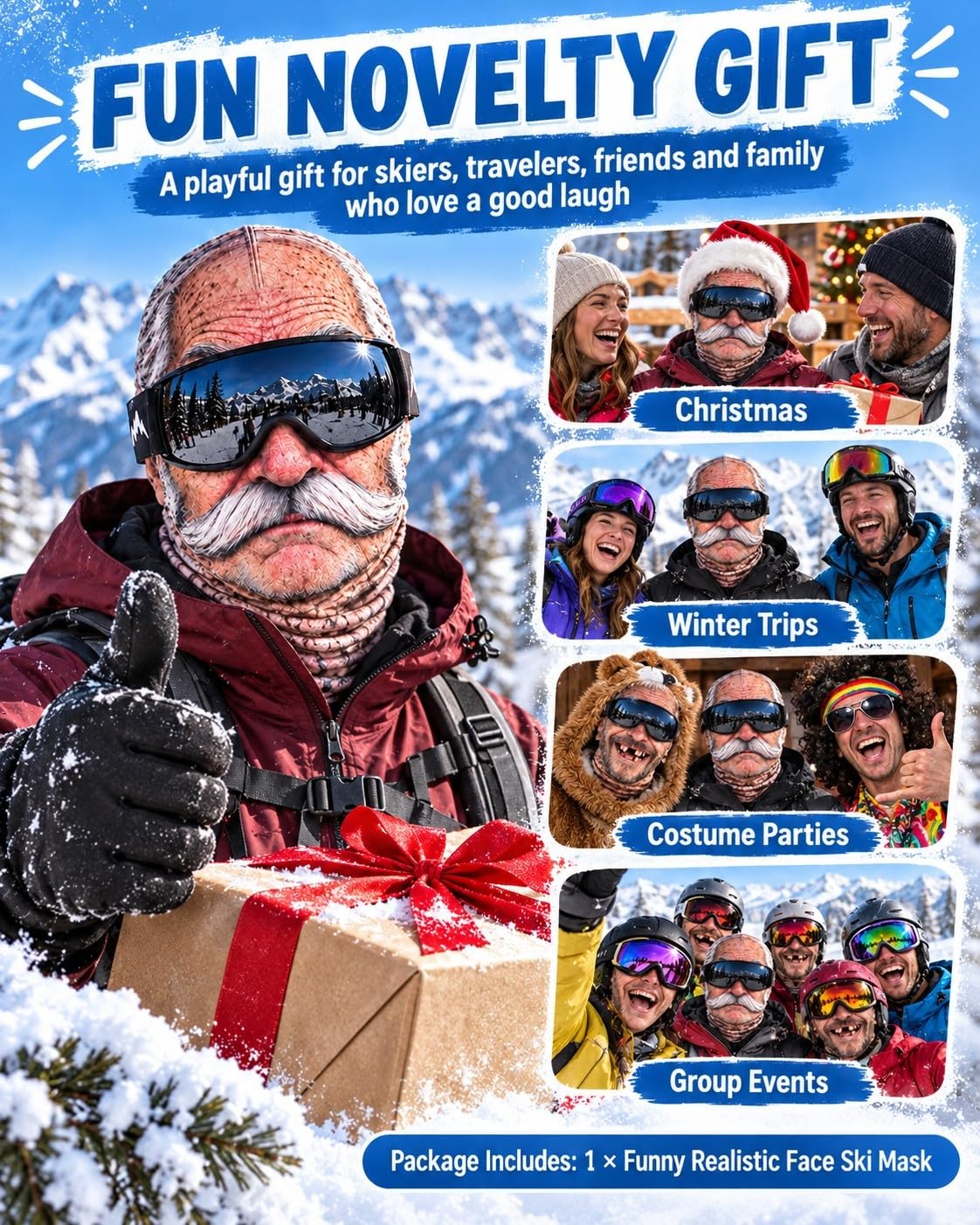 3D Realistic Old Man Face Ski Mask with Neck Warmer – Funny Full Coverage Balaclava for Skiing, Snowboarding and Cold Weather