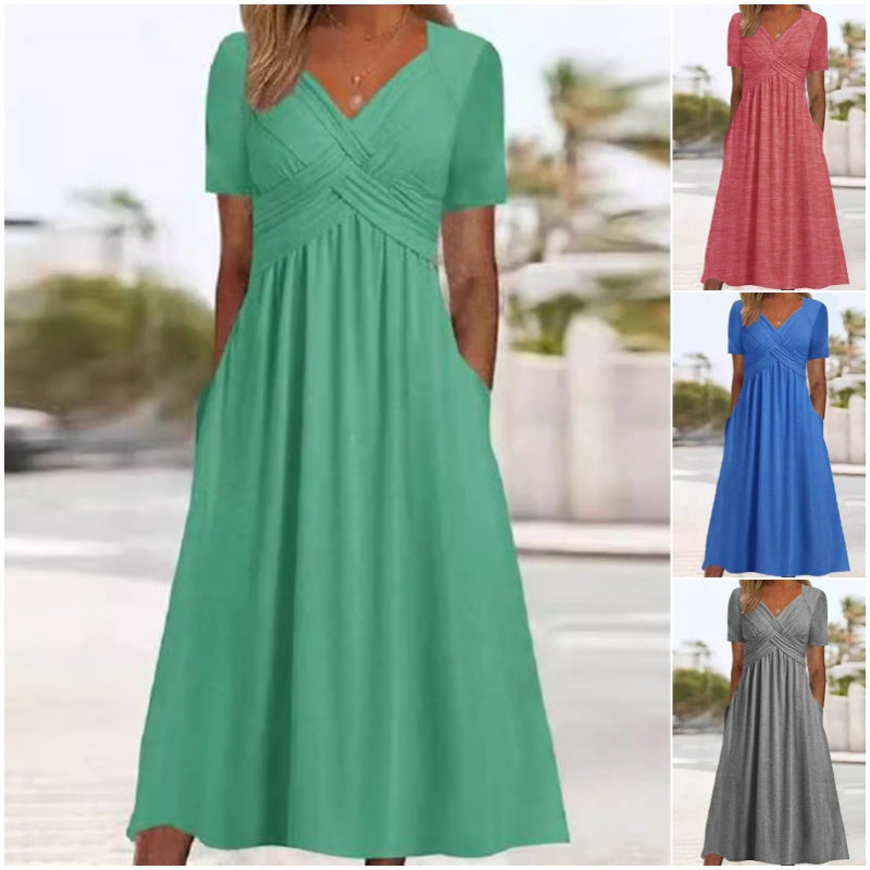 👗💙 55% OFF TODAY! ✨ Women’s V-Neck Short Sleeve Long Dress 🌸 Elegant Flowing Fit, Comfortable Fabric & Effortless Everyday Style