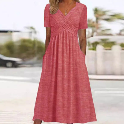 👗💙 55% OFF TODAY! ✨ Women’s V-Neck Short Sleeve Long Dress 🌸 Elegant Flowing Fit, Comfortable Fabric & Effortless Everyday Style