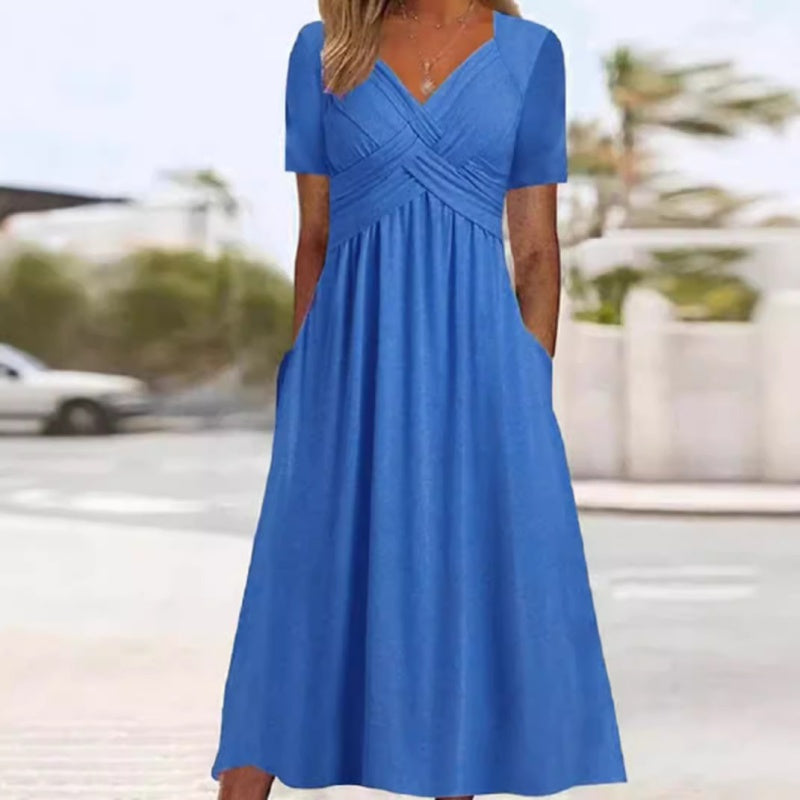 👗💙 55% OFF TODAY! ✨ Women’s V-Neck Short Sleeve Long Dress 🌸 Elegant Flowing Fit, Comfortable Fabric & Effortless Everyday Style