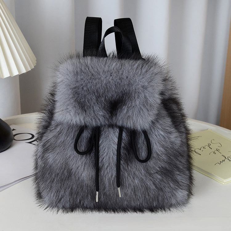 2026 Women’s Faux Fox Fur Backpack – Soft Plush Drawstring Flap Backpack with Magnetic Closure, Large Capacity Casual Daypack for College & Travel
