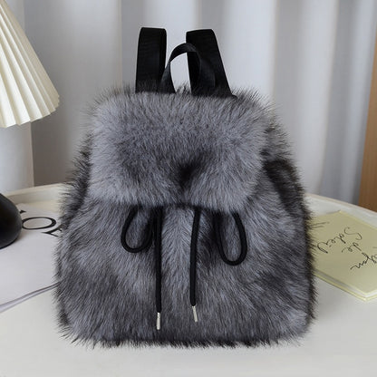 2026 Women’s Faux Fox Fur Backpack – Soft Plush Drawstring Flap Backpack with Magnetic Closure, Large Capacity Casual Daypack for College & Travel