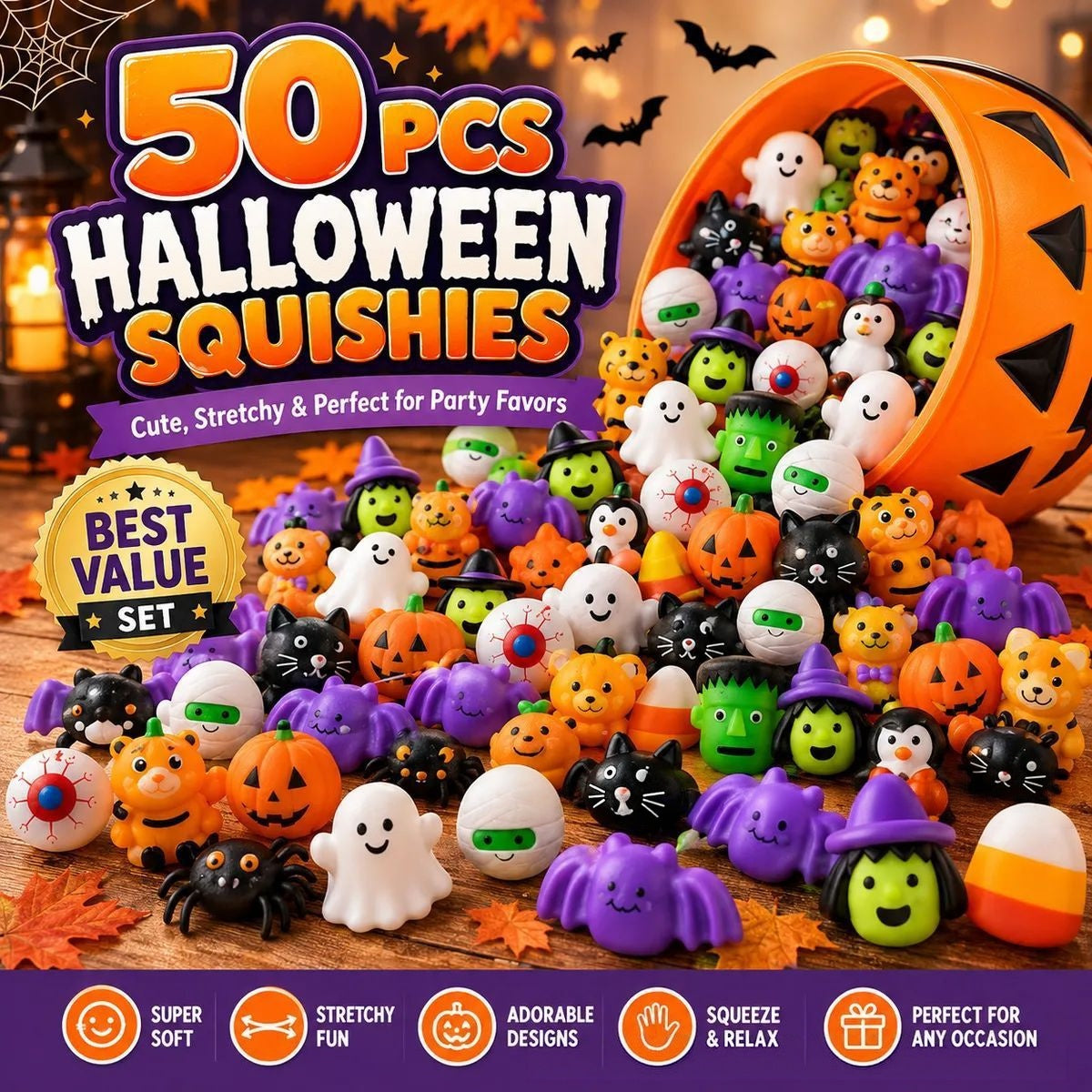 Halloween Mochi Squishy Toys | Non‑Candy Trick or Treat Goodie Bag Fillers for Kids Halloween Party Favors