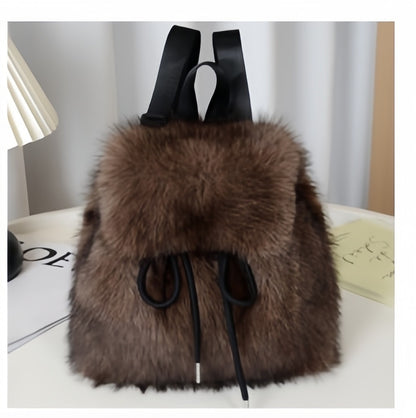 2026 Women’s Faux Fox Fur Backpack – Soft Plush Drawstring Flap Backpack with Magnetic Closure, Large Capacity Casual Daypack for College & Travel