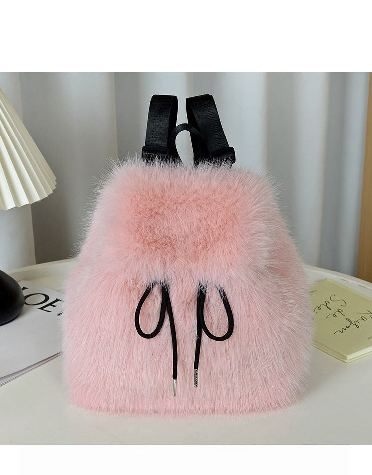 2026 Women’s Faux Fox Fur Backpack – Soft Plush Drawstring Flap Backpack with Magnetic Closure, Large Capacity Casual Daypack for College & Travel